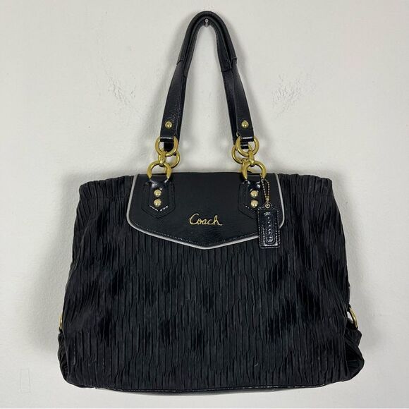 Coach Ashley Carryall Black Pleated Tote Bag Gold Hardware & Patent Leather - Picture 1 of 8